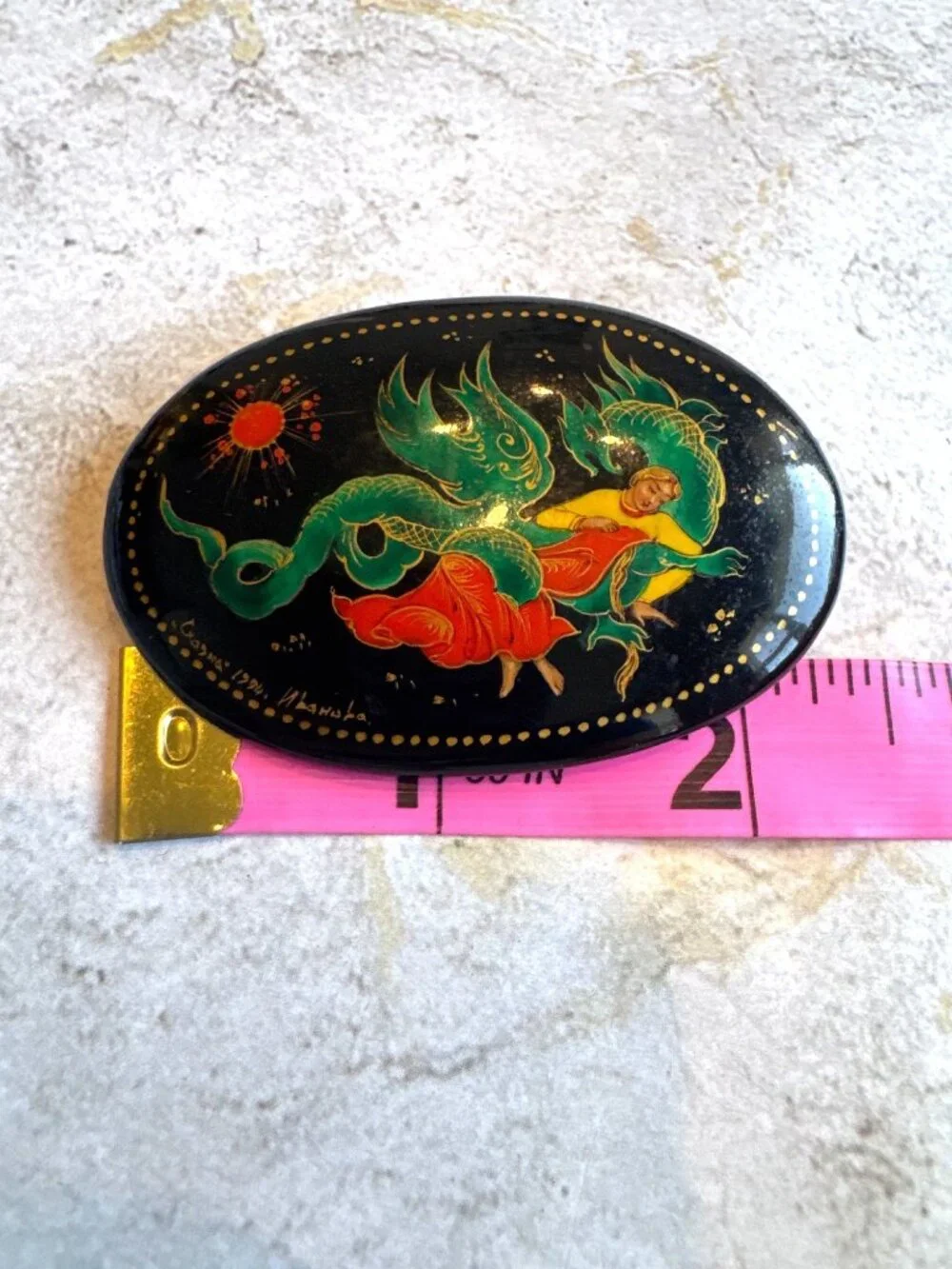 Hand-Painted Russian Lacquer Pin Brooch Dragon & Woman Signed Oval Black Vtg